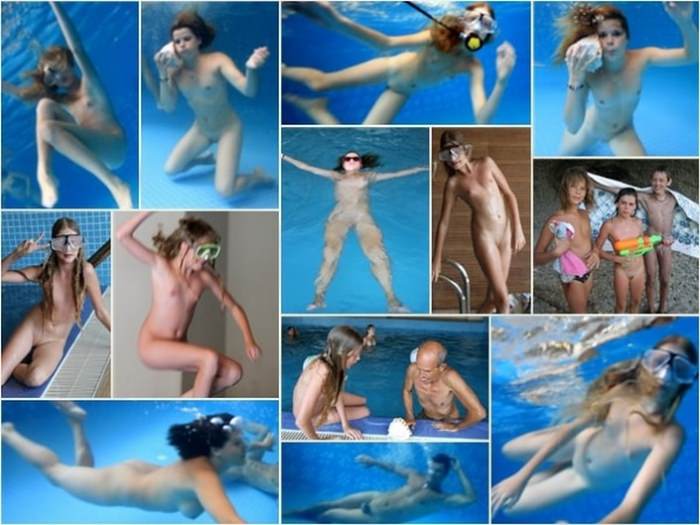 Nudist pool with young and adult naked people photo